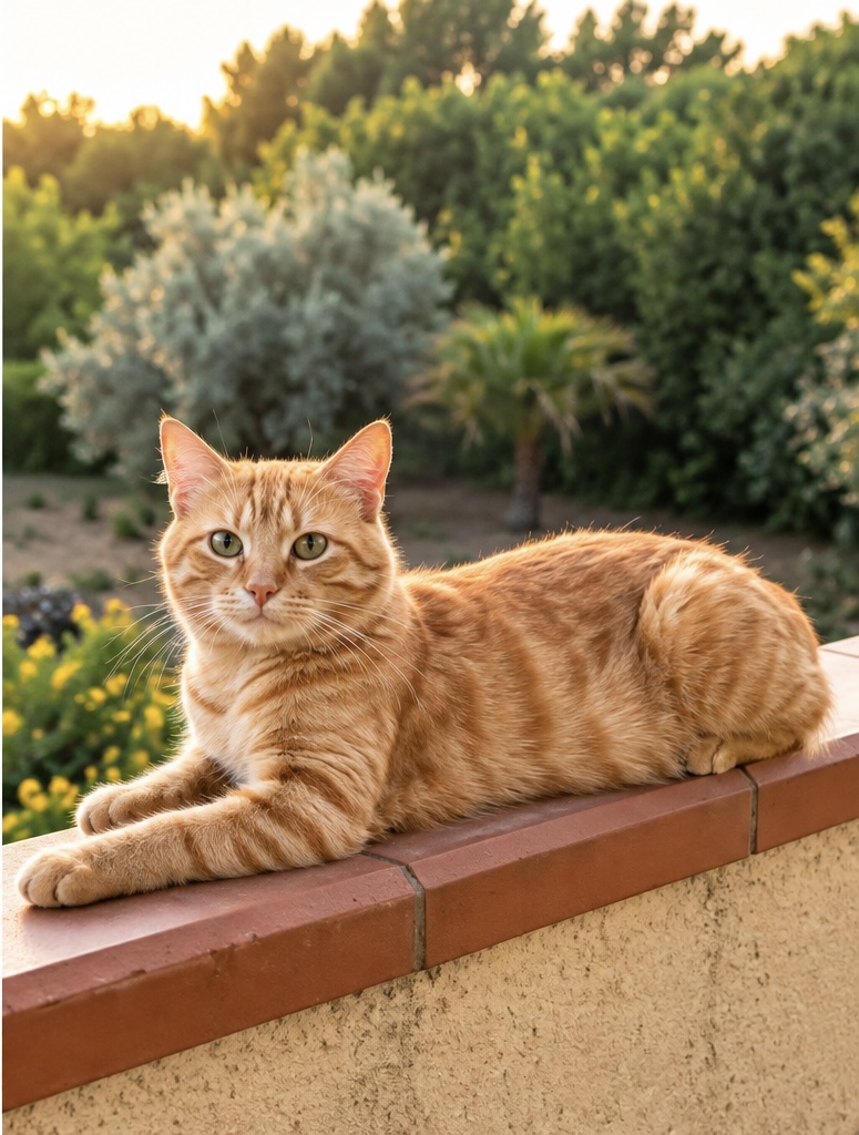Un gatto rosso sdraiato su un muretto al tramonto
