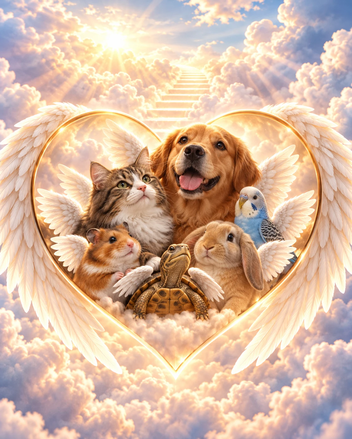 Cane, gatto, coniglio, criceto, tartaruga e pappagallino con le ali dentro un cuore tra le nuvole