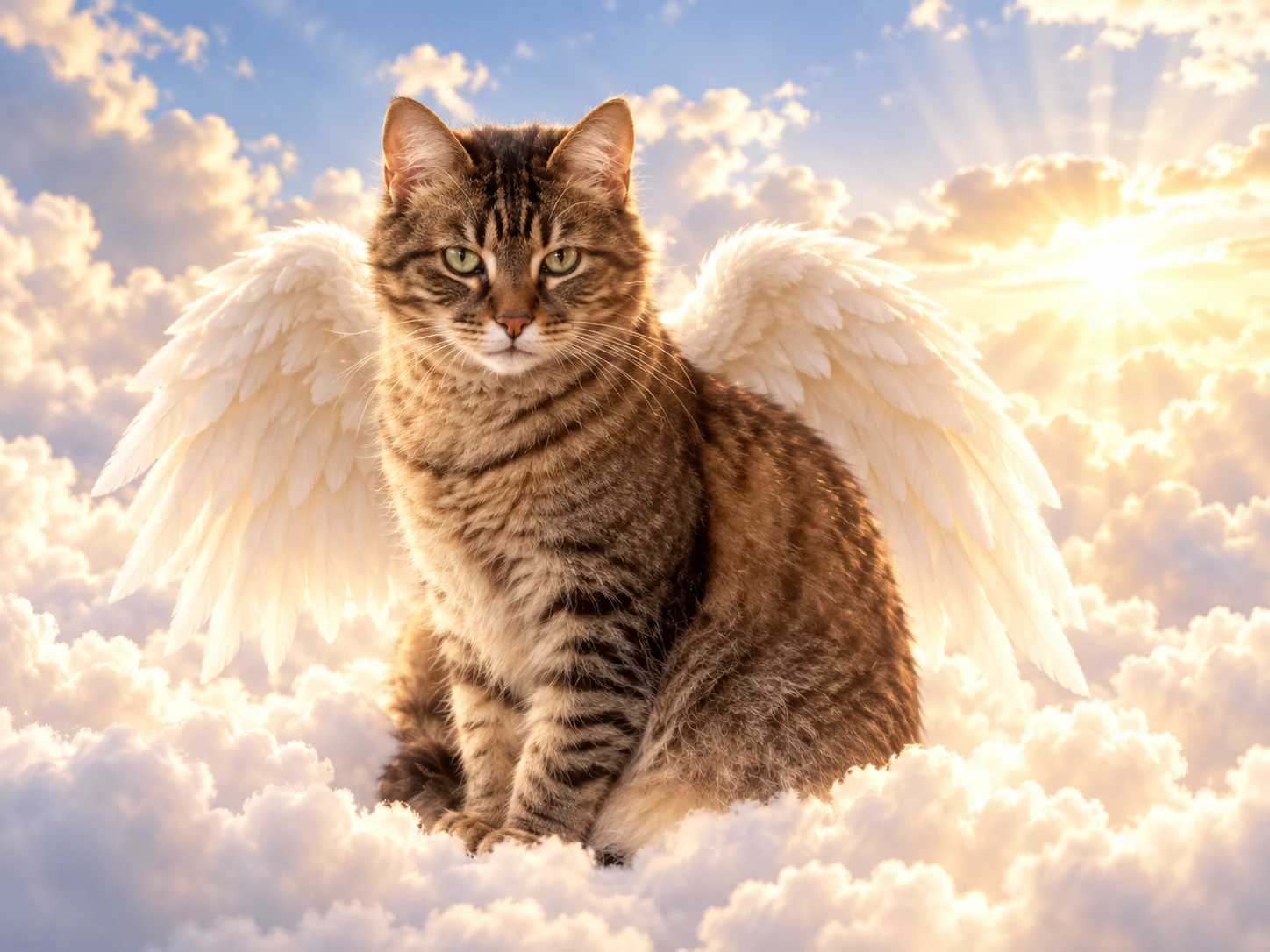 Un gatto con le ali da angelo tra le nuvole