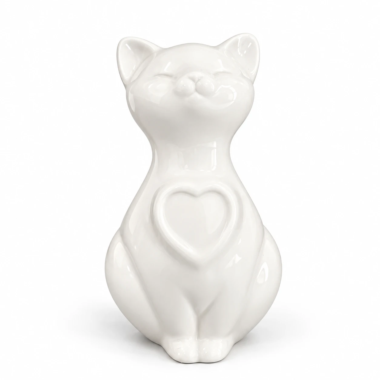 Urna in ceramica bianca a forma di gatto con un cuore